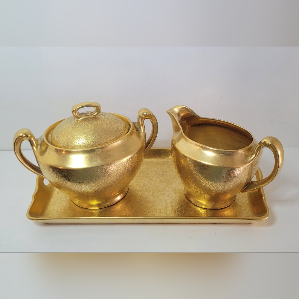 Vintage Pickard Gold Sugar & Creamer Set With Tray Etched Rose & Daisy